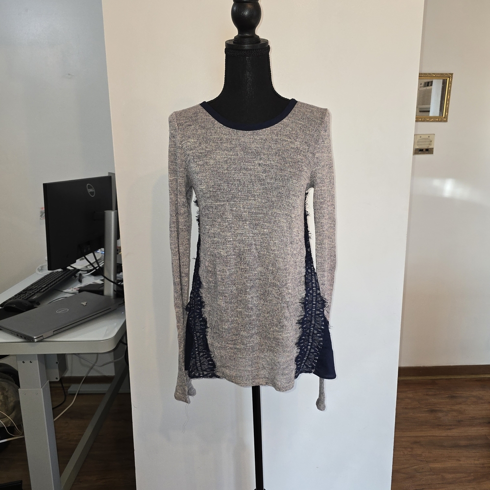 Gray and Navy Long Sleeve Sweater with Lace Accents